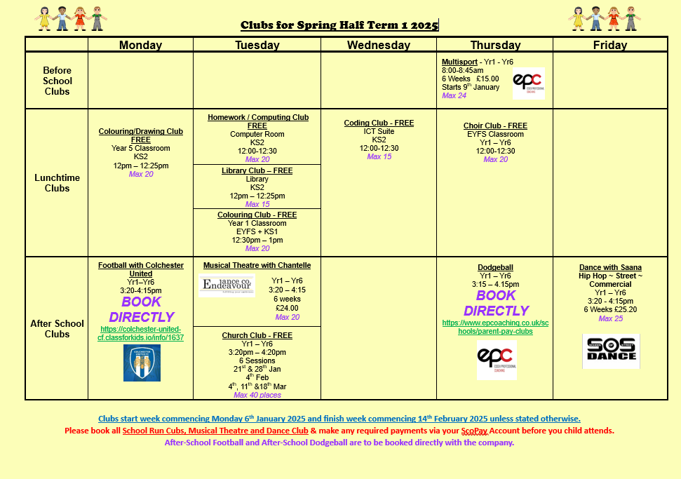 An image of our school clubs, for a printed version please contact the office. 